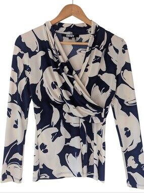 DKNY Floral Wrap Navy + Cream Long Sleeve Blouse